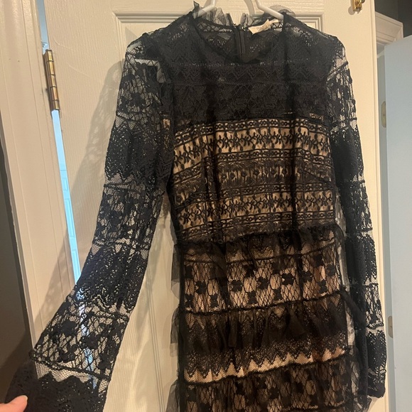 Anthropologie Forever That Girl Black Lace Long Sleeve Tiered Midi Dress M - Picture 6 of 12